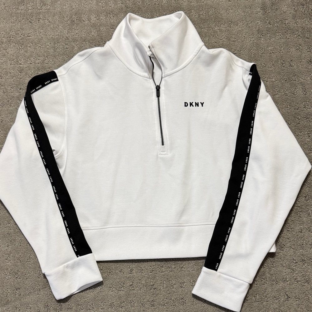 Gently used DKNY Sport White Half-Zip Pullover with Black Sleeve Tape